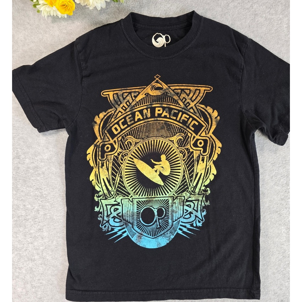 Y2K Ocean‎ Pacific Black Graphic T Shirt Youth Size 8 Surf Board Logo Tee 2000s